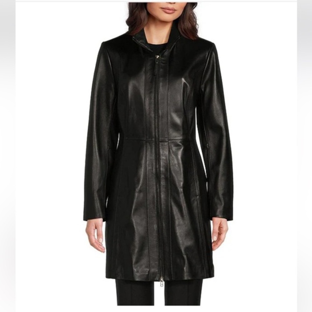 NWT Katherine Kelly Genuine Lamb Leather Zip front Jacket Size Large Black